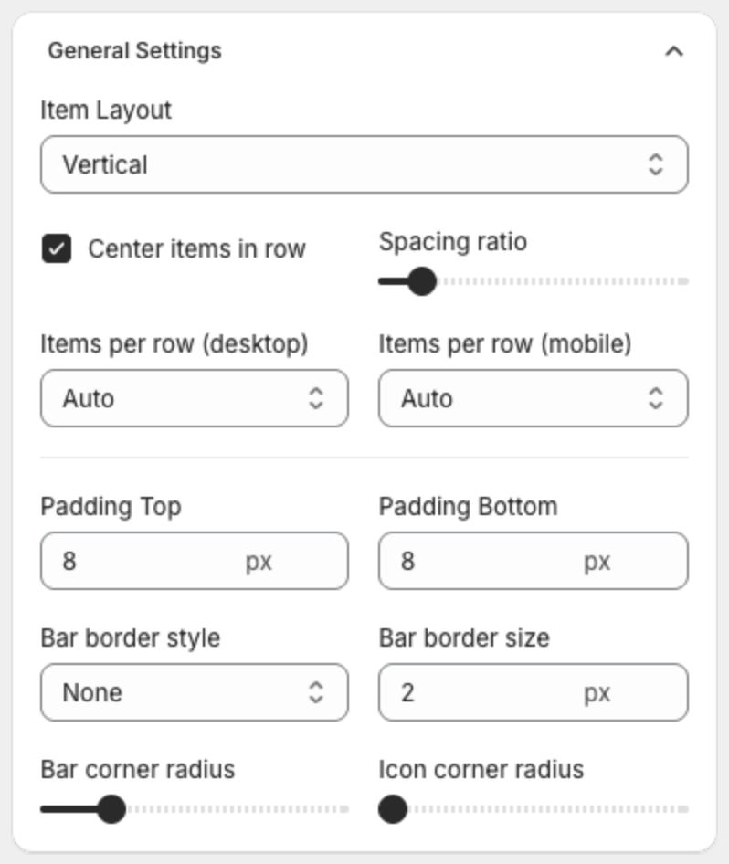 General Settings with Item Layout, Center items in row, Spacing ratio, Items per row, Padding Top, Padding Bottom, border and corner radius settings