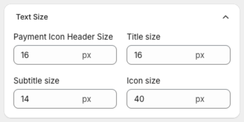 Text Size card with Payment Icon Header Size, Title size, Subtitle size and Icon size