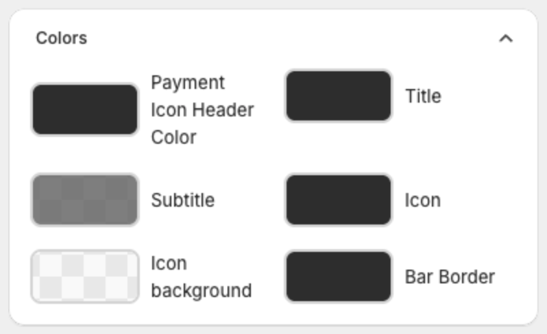 Colors card with the payment header, title, subtitle, icon, icon background and border colors