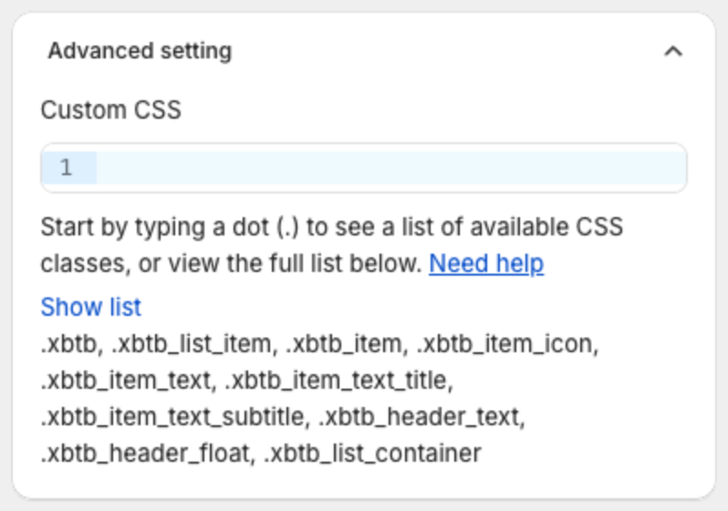 Advanced setting with the Custom CSS editor and the list of CSS classes