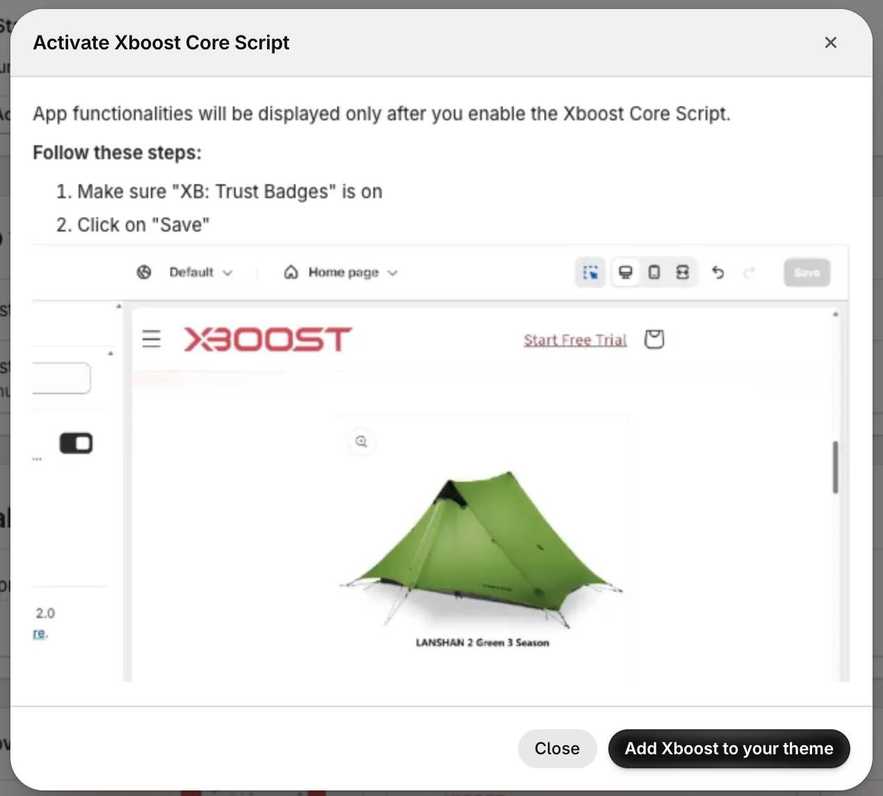 Activate Xboost Core Script dialog: make sure XB: Trust Badges is on, then click Save