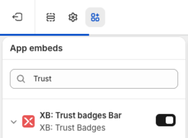 Theme editor App embeds panel with XB: Trust badges Bar turned on