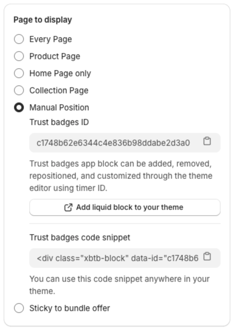 Manual Position selected with the ID, the Add liquid block to your theme button and the code snippet