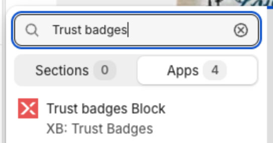 Theme editor Add section panel, Apps tab, with Trust badges Block from XB: Trust Badges