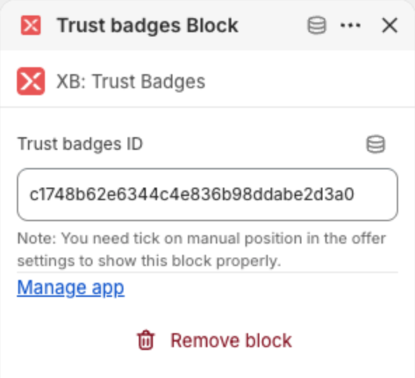 Trust badges Block settings with the badges ID in Trust badges ID