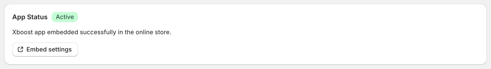 App Status card showing the Active status and the Embed settings button