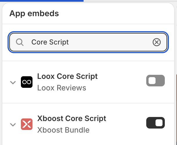Theme editor App embeds panel with Xboost Core Script from Xboost Bundle turned on