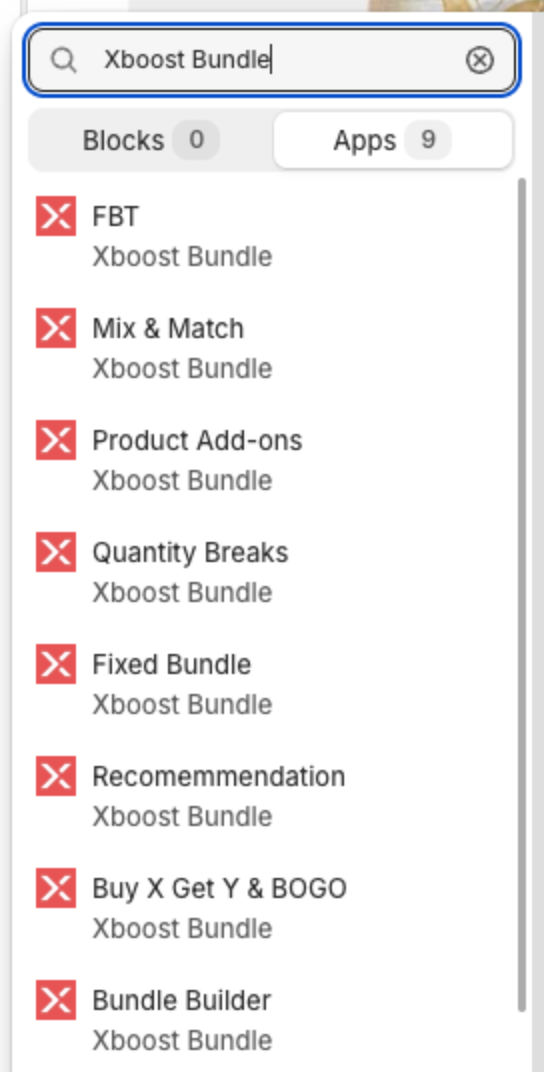 Theme editor Add block panel, Apps tab, with the Xboost Bundle blocks: FBT, Mix & Match, Product Add-ons, Quantity Breaks, Fixed Bundle, Recomemmendation, Buy X Get Y & BOGO and Bundle Builder