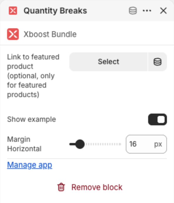Quantity Breaks block settings with Link to featured product, Show example and Margin Horizontal