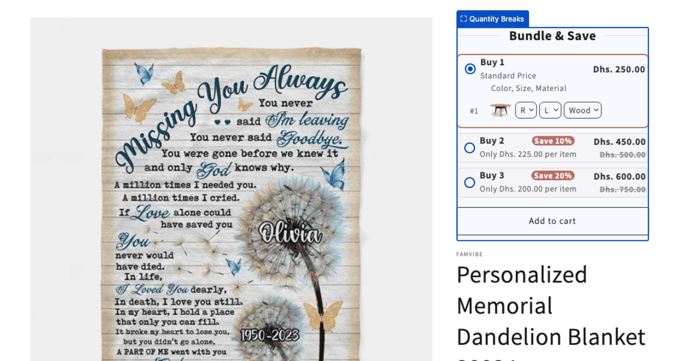 Theme editor preview with the Bundle & Save quantity breaks widget above the product title