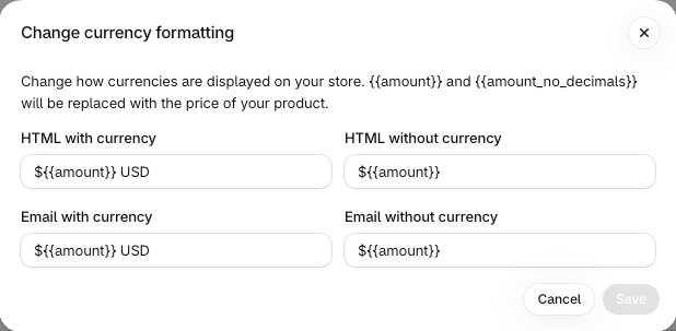 Change currency formatting window with the HTML with currency, HTML without currency, Email with currency and Email without currency fields