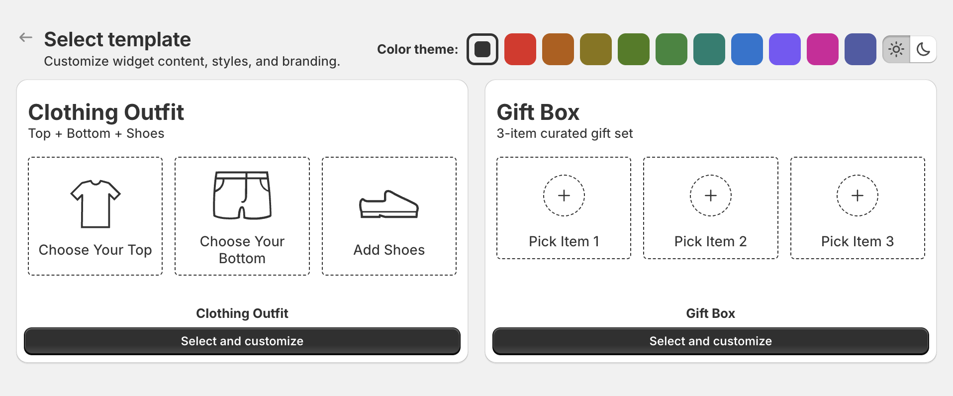 Select template page with the Clothing Outfit and Gift Box templates