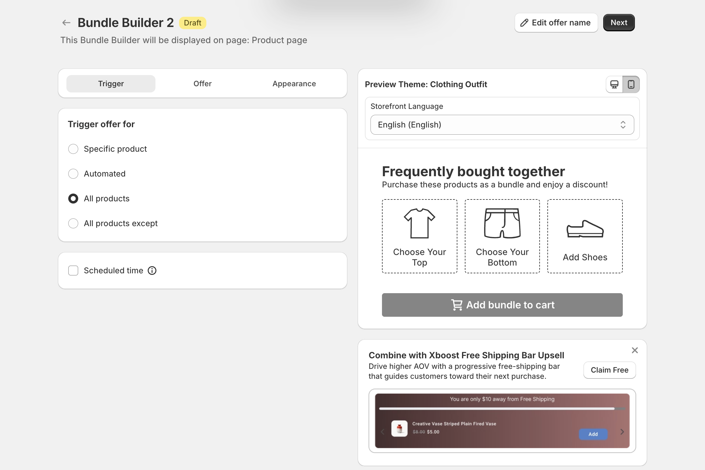 Trigger step with Trigger offer for and the live preview of the bundle builder