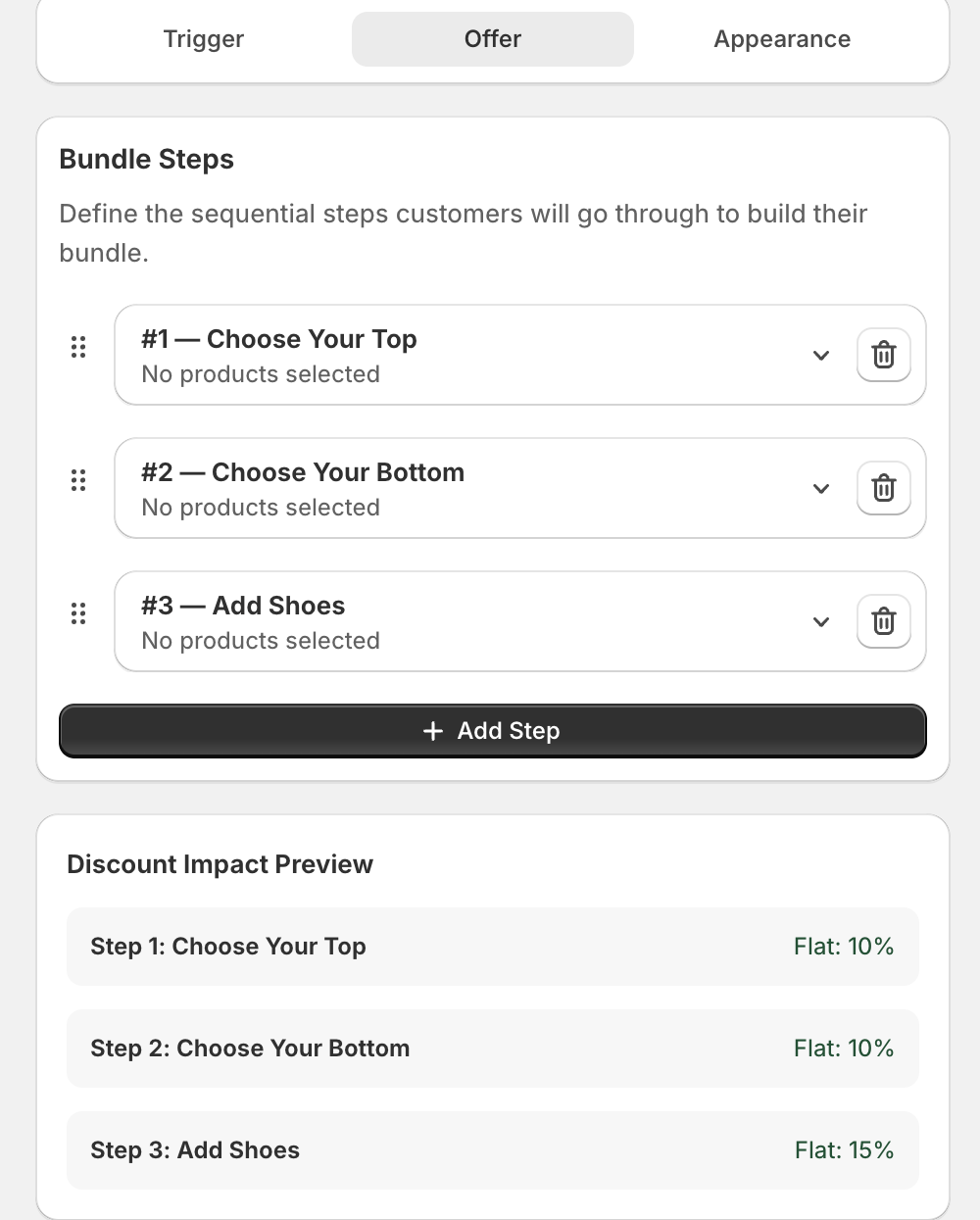 Offer step with three bundle steps, Add Step and the Discount Impact Preview