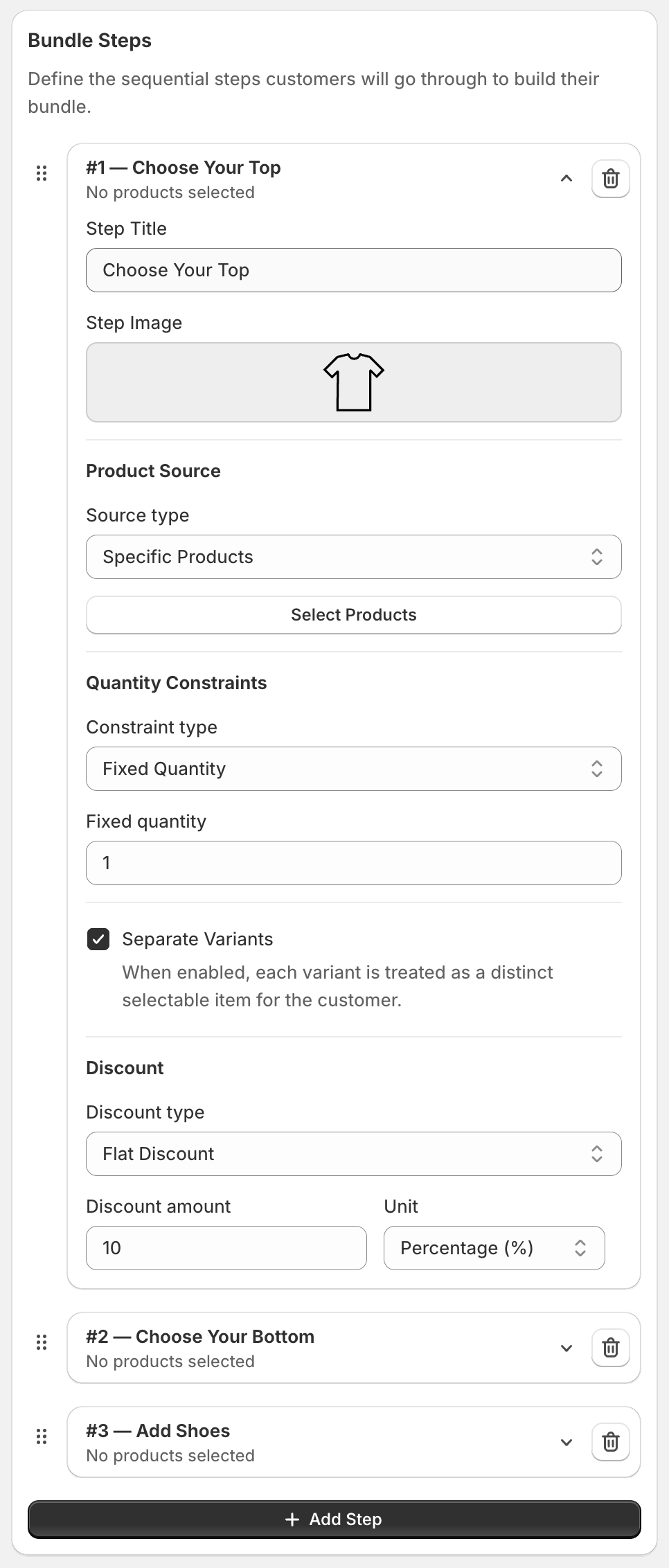 An open bundle step with Step Title, Step Image, Product Source, Quantity Constraints, Separate Variants and Discount