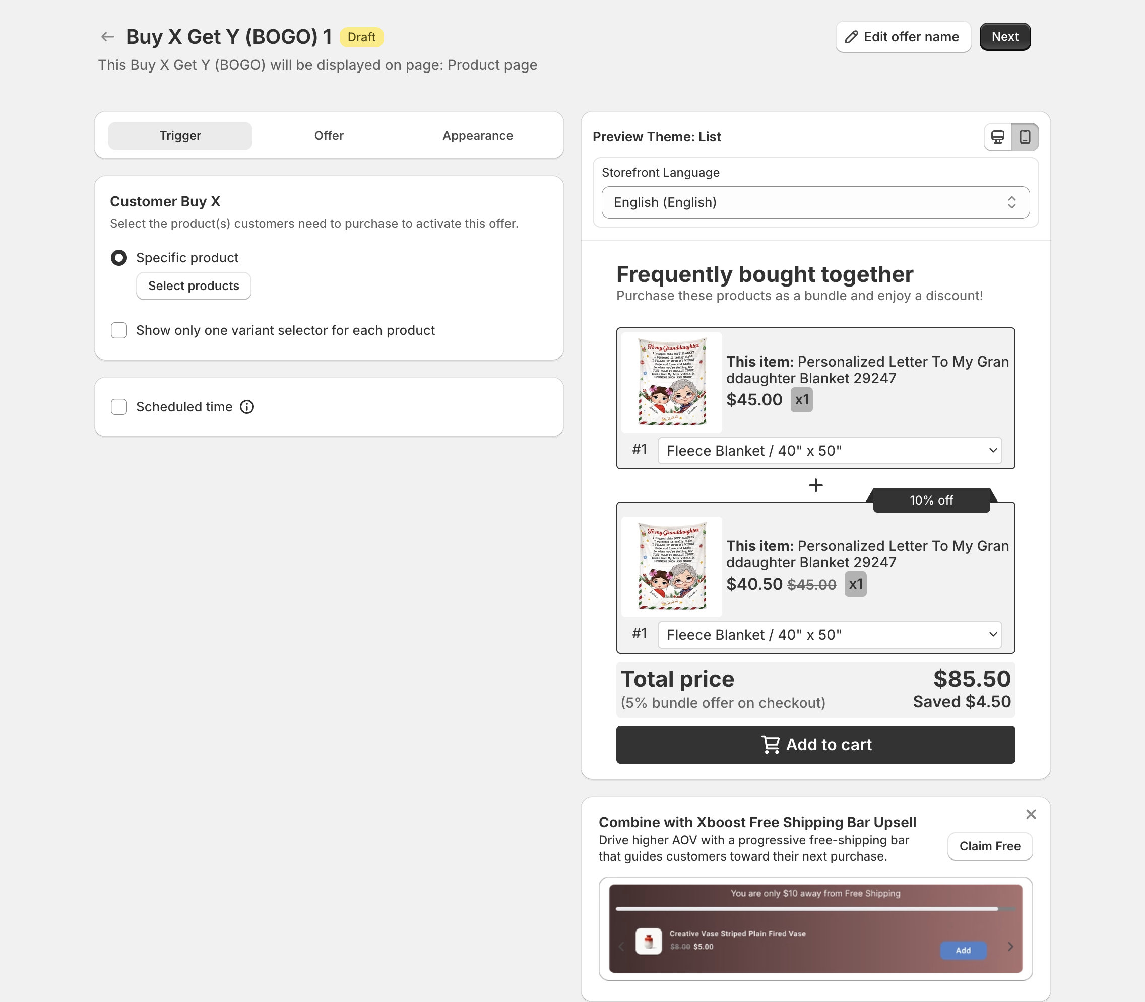 Trigger step with Customer Buy X, Select products and the live preview