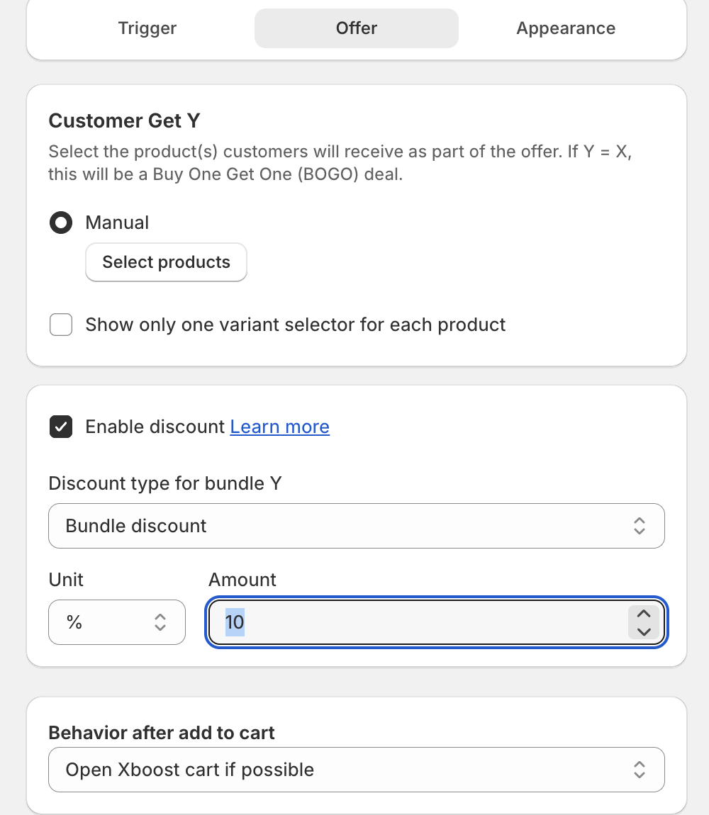 Offer step with Customer Get Y, Enable discount, Discount type for bundle Y and Behavior after add to cart