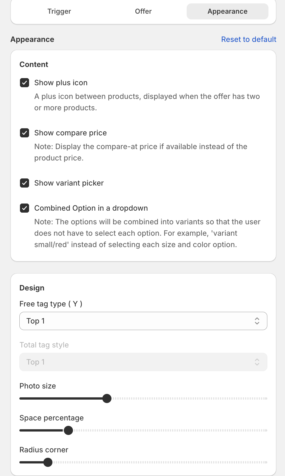 Appearance step with Content and Design settings