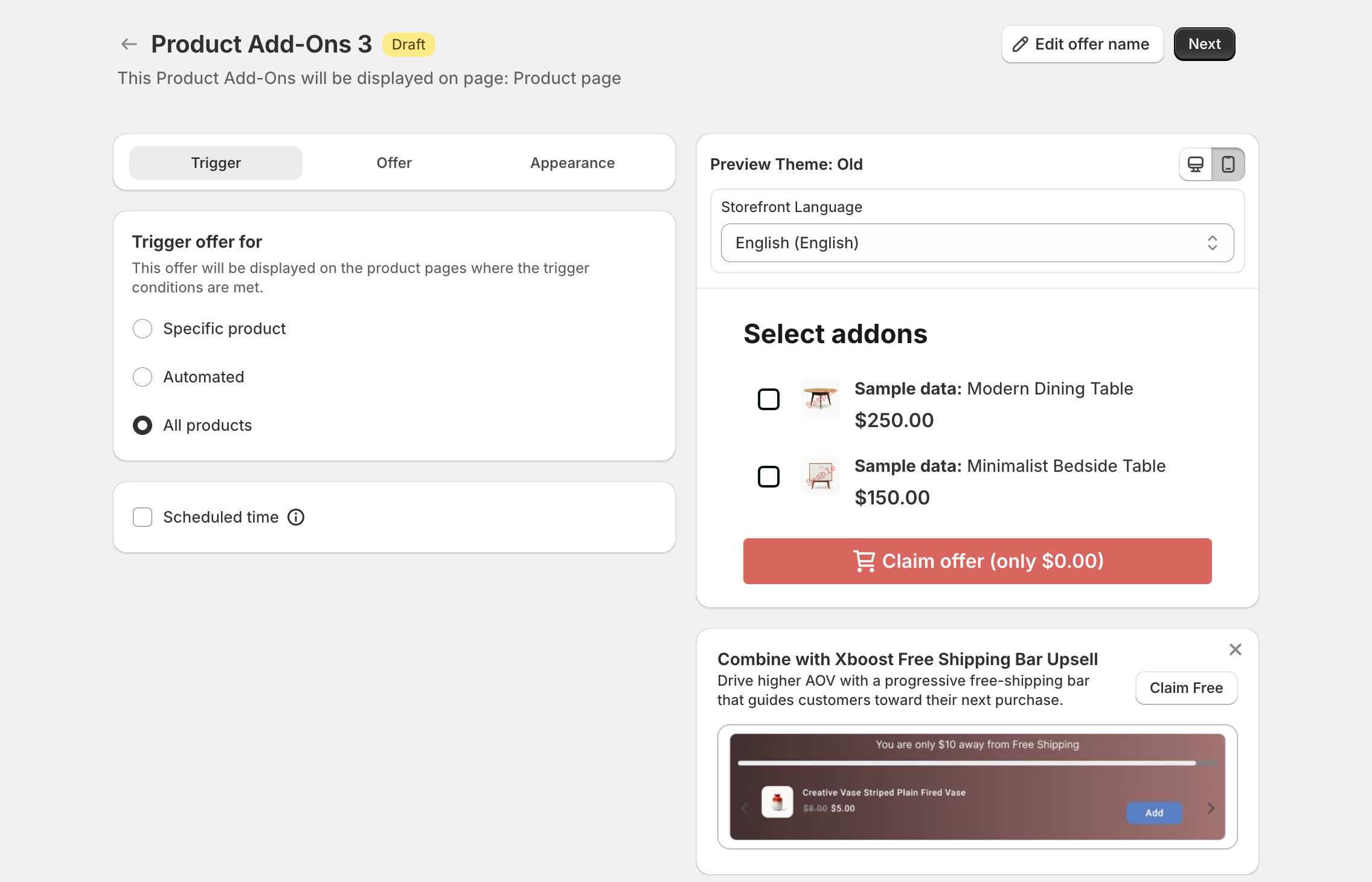 Trigger step with Trigger offer for set to All products and the live preview