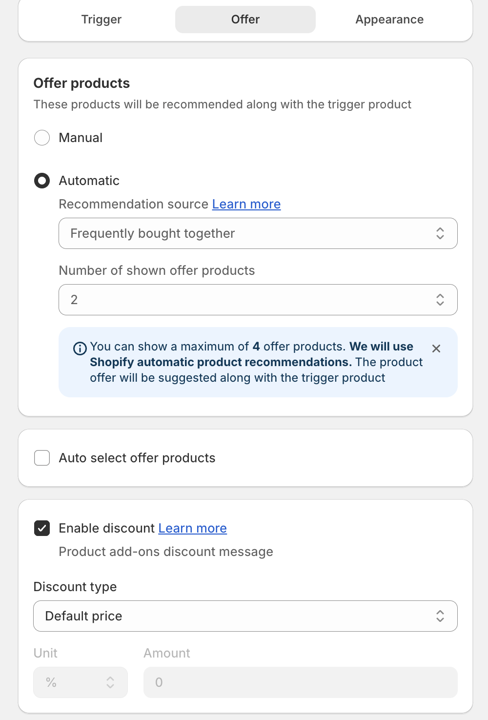 Offer step with Offer products, Auto select offer products and Enable discount