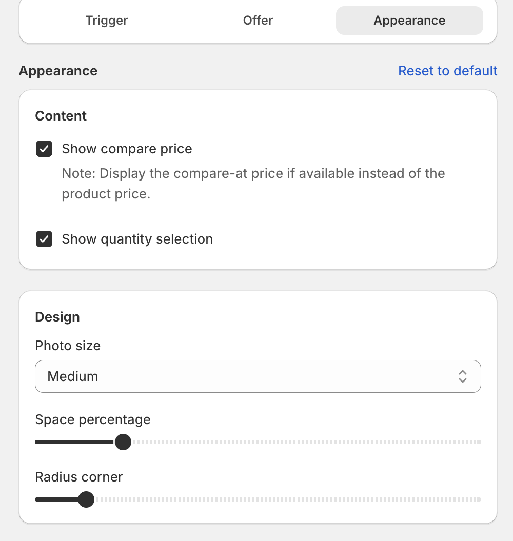 Appearance step with Content, Design and Colors settings