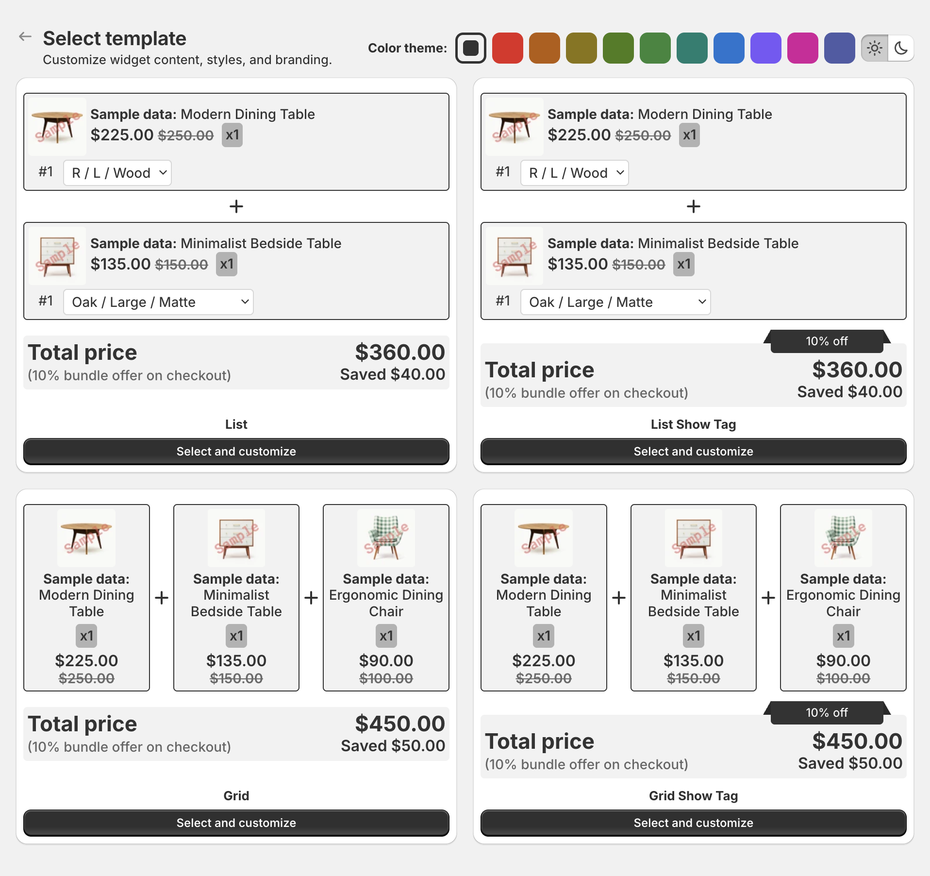 Select template page with Fixed bundle templates and the Color theme picker