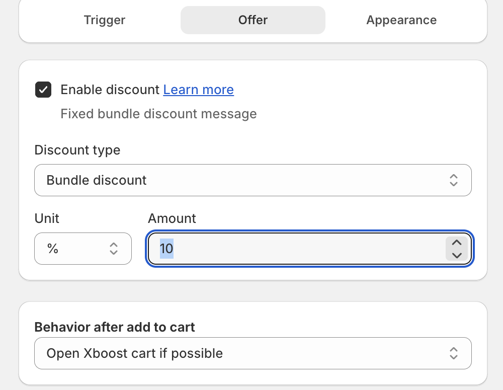 Offer step with Enable discount, Discount type, Unit, Amount and Behavior after add to cart