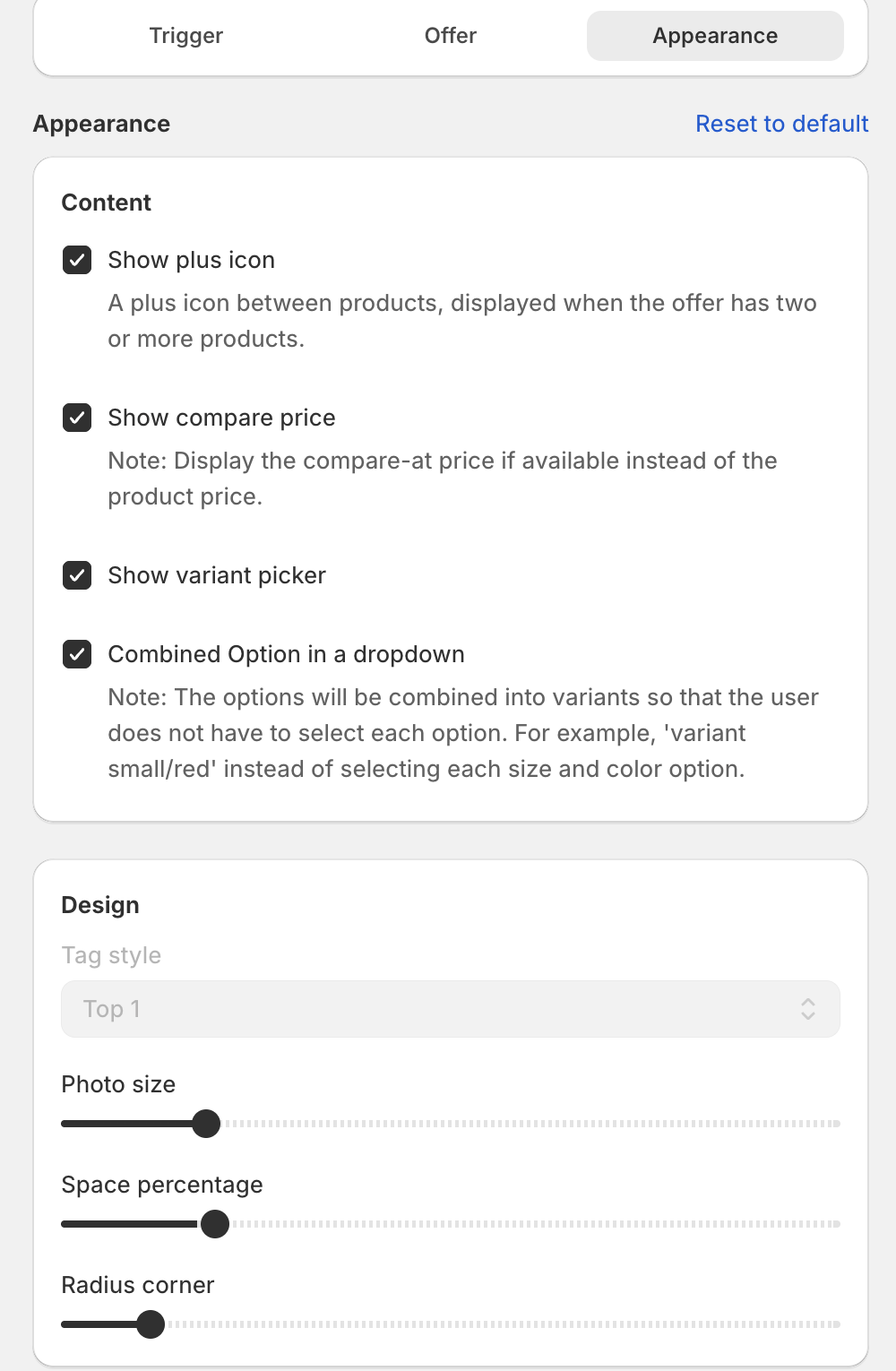 Appearance step with Content and Design settings