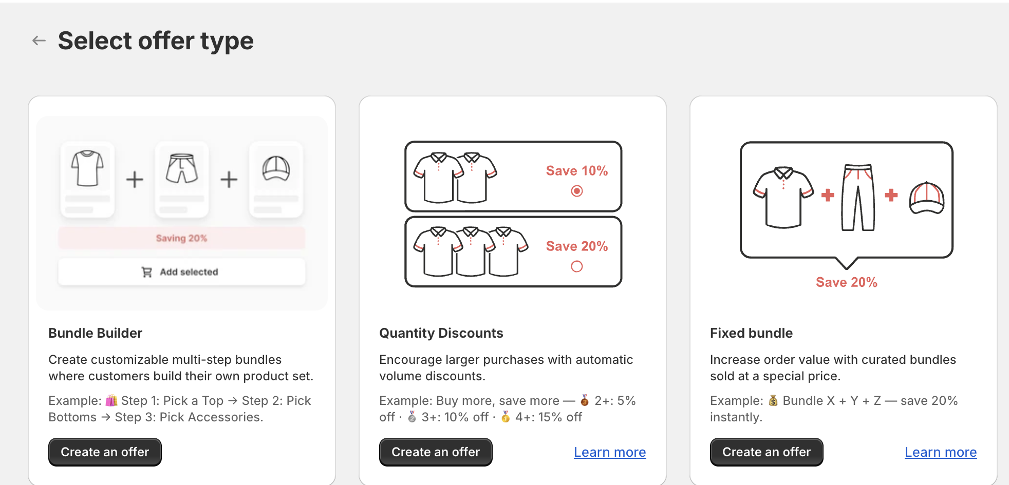 Select offer type page with the Bundle Builder, Quantity Discounts and Fixed bundle cards