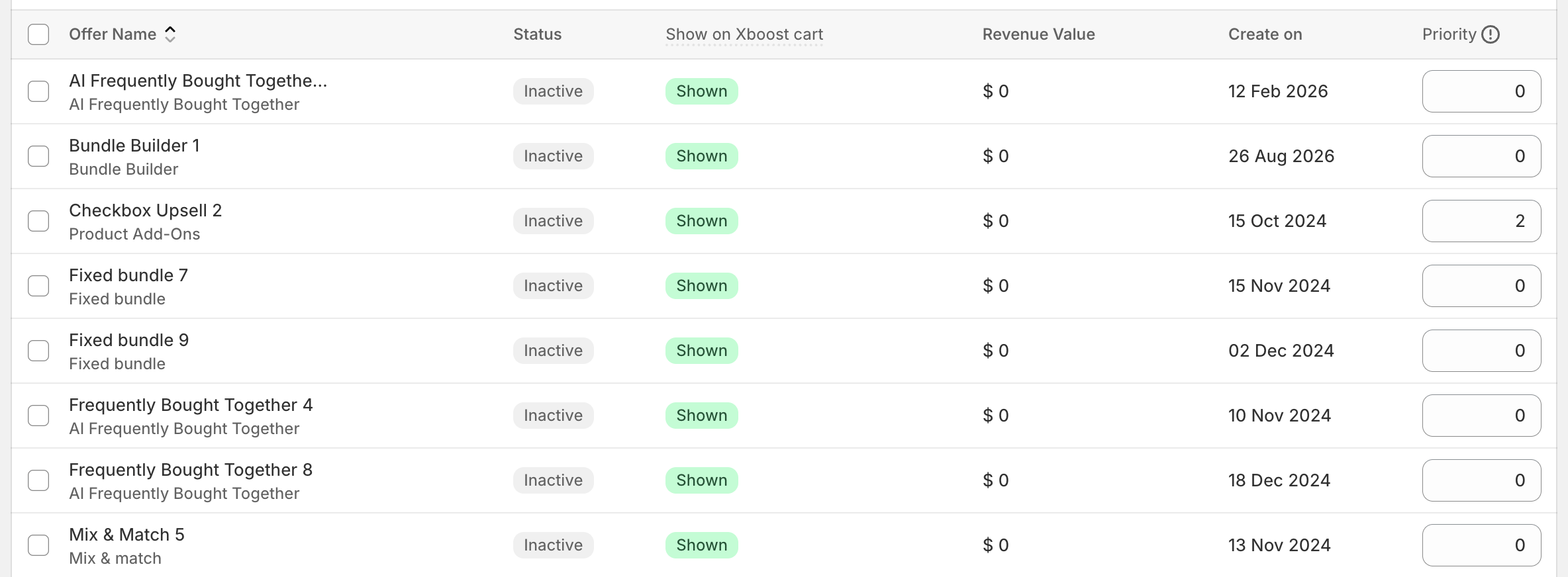 Offers list with the Offer Name, Status, Show on Xboost cart, Revenue Value, Create on and Priority columns