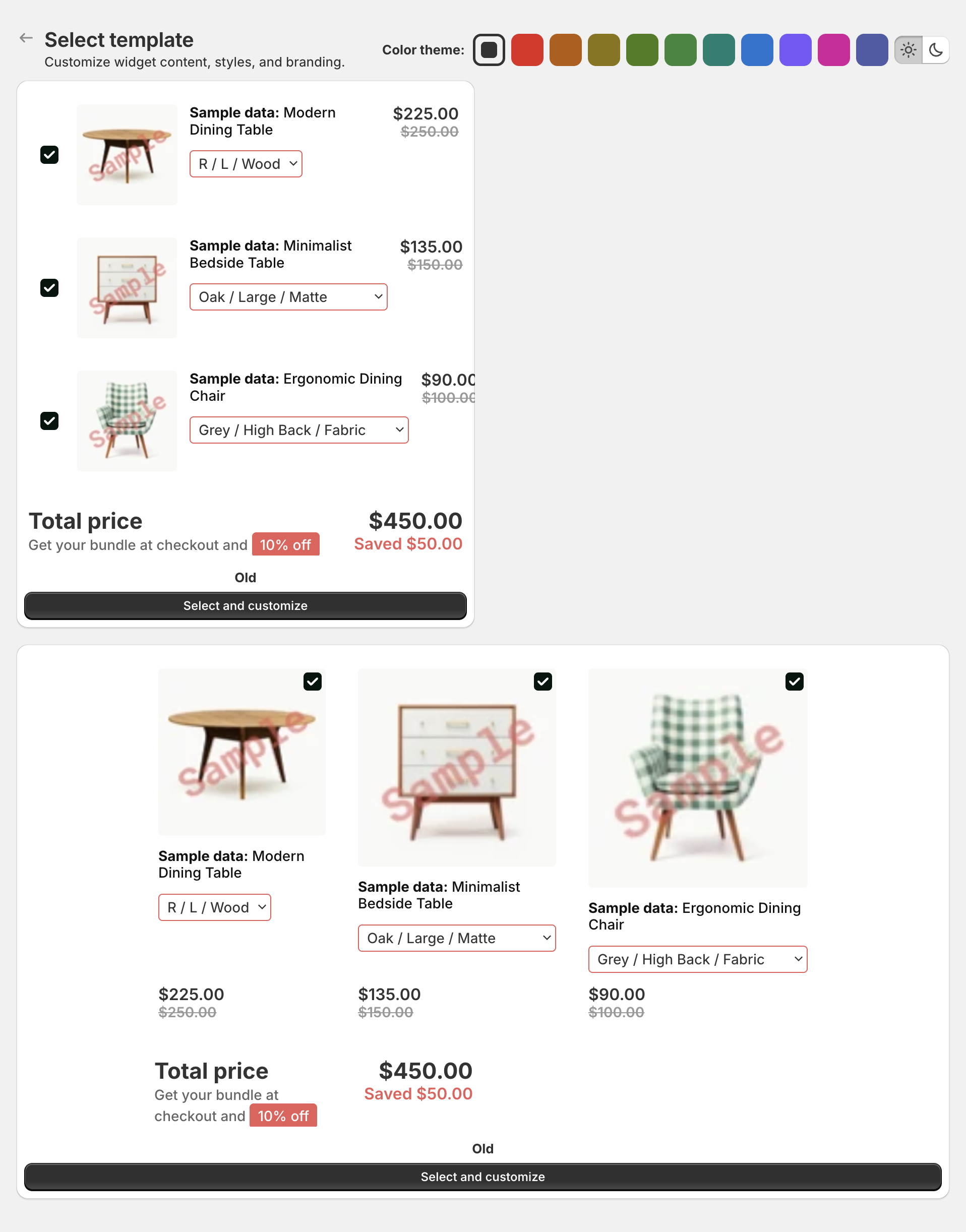 Select template page with AI Frequently Bought Together templates