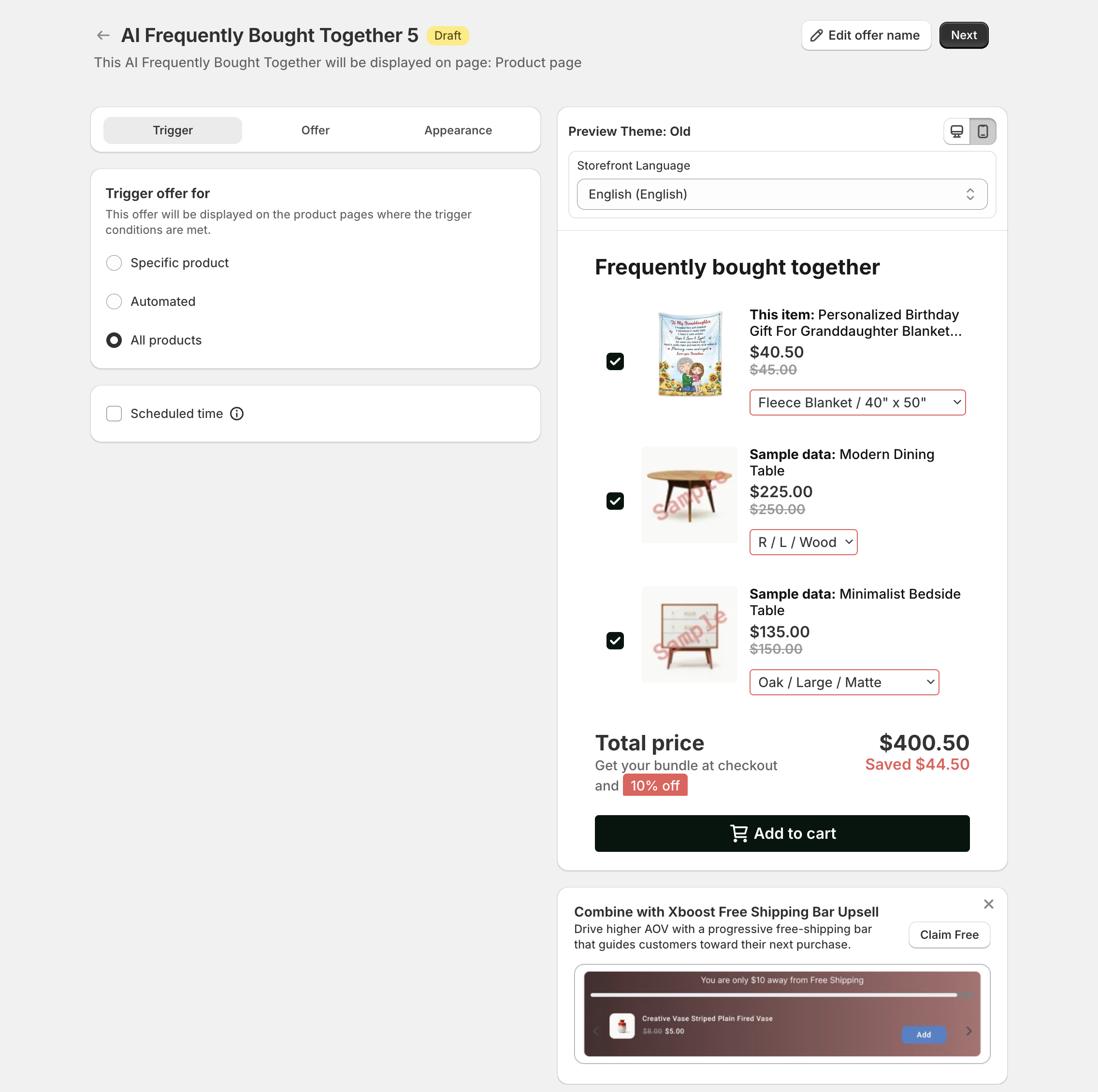 Trigger step with Trigger offer for set to All products and the live preview