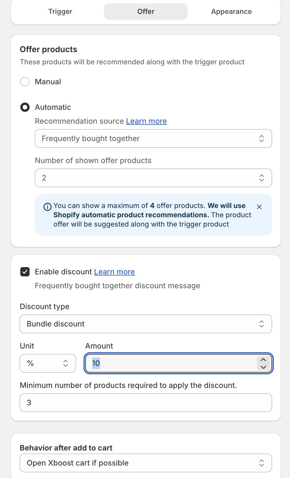 Offer step with Offer products, Recommendation source, Number of shown offer products, Enable discount and Behavior after add to cart