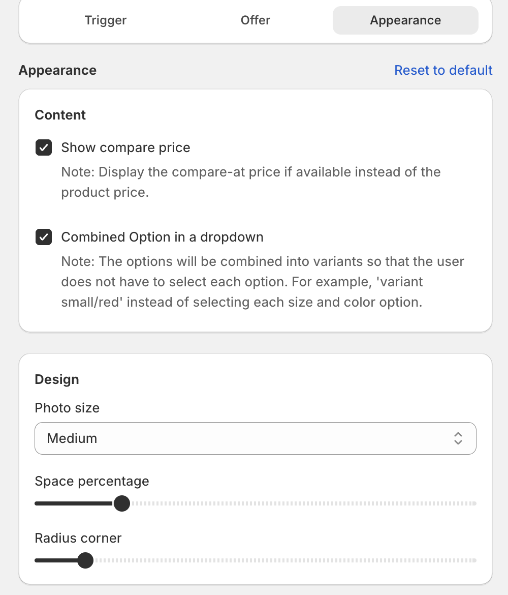 Appearance step with Content, Design and Colors settings