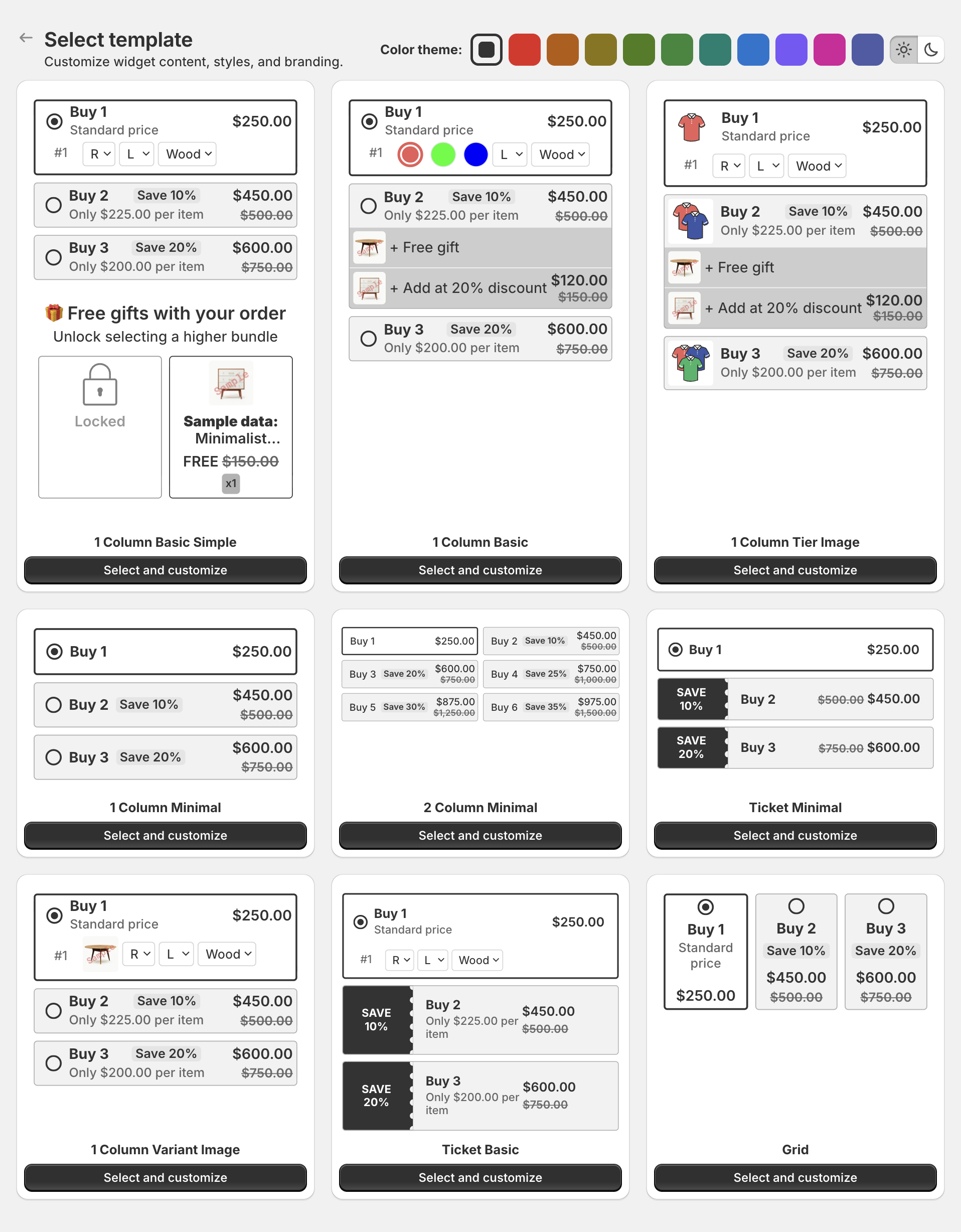 Select template page with nine Quantity Discounts templates, such as 1 Column Basic Simple, Ticket Minimal and Grid