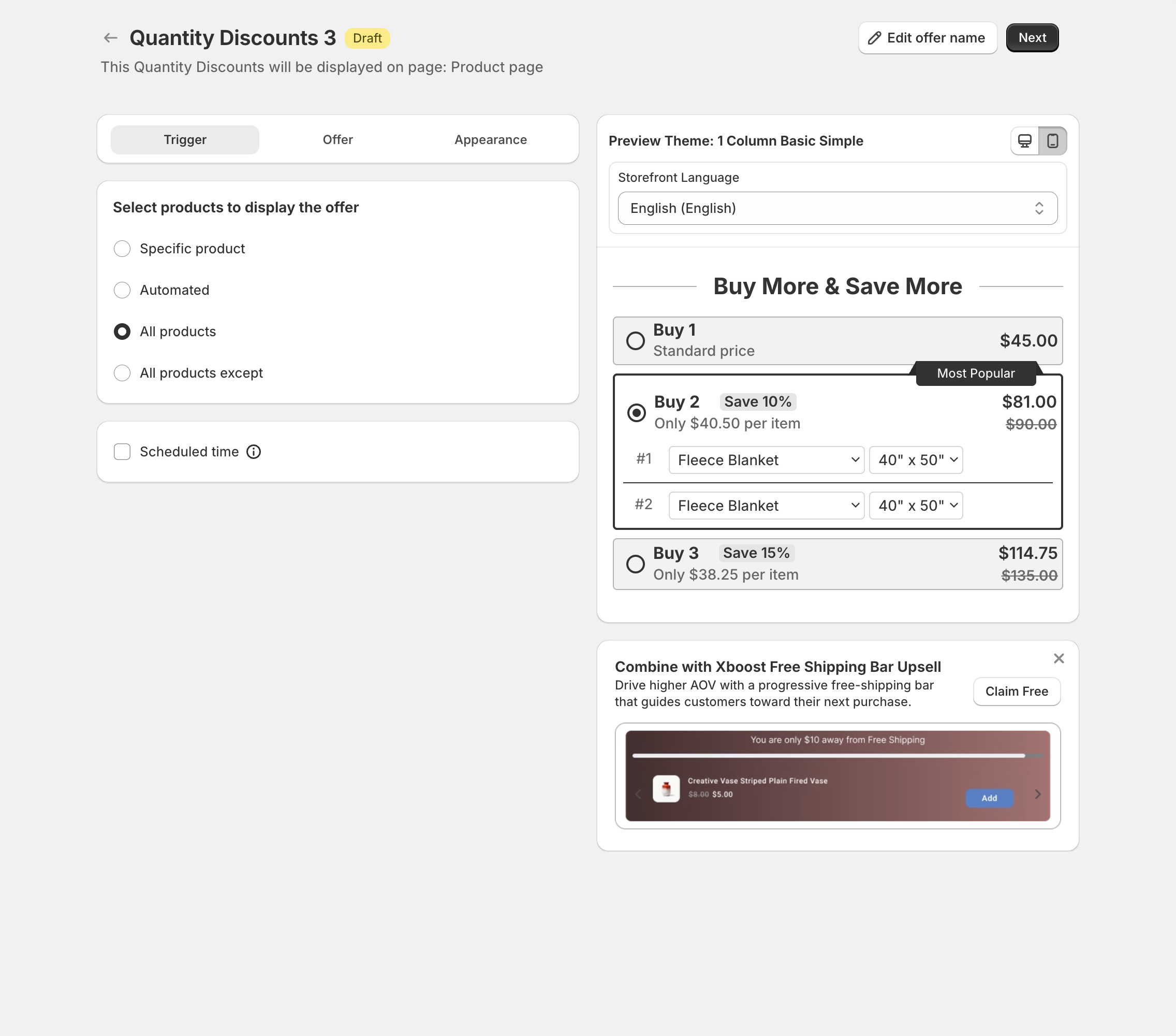 Trigger step with the product options, Scheduled time and the live preview