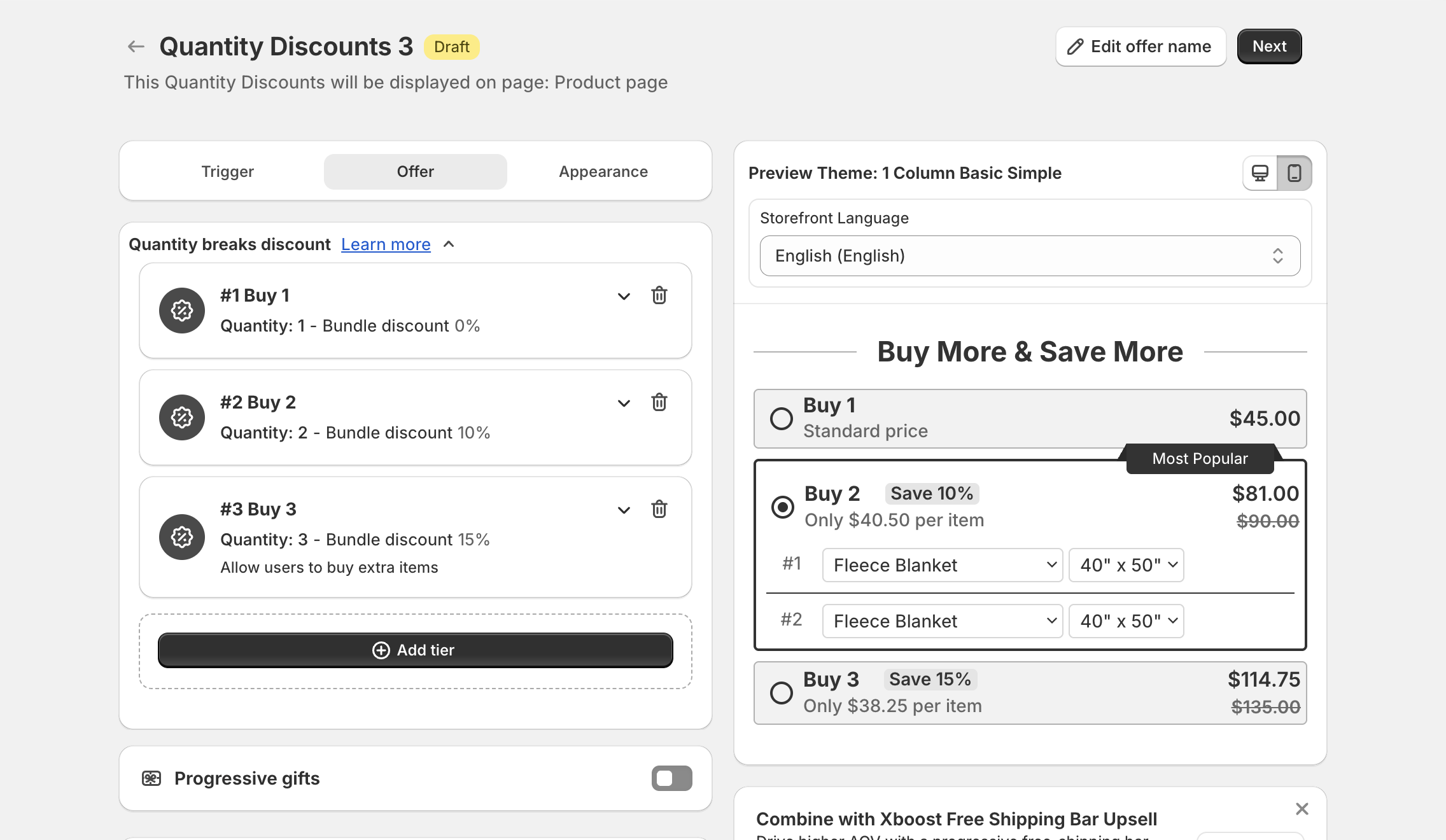 Offer step with three tiers, Add tier and Progressive gifts