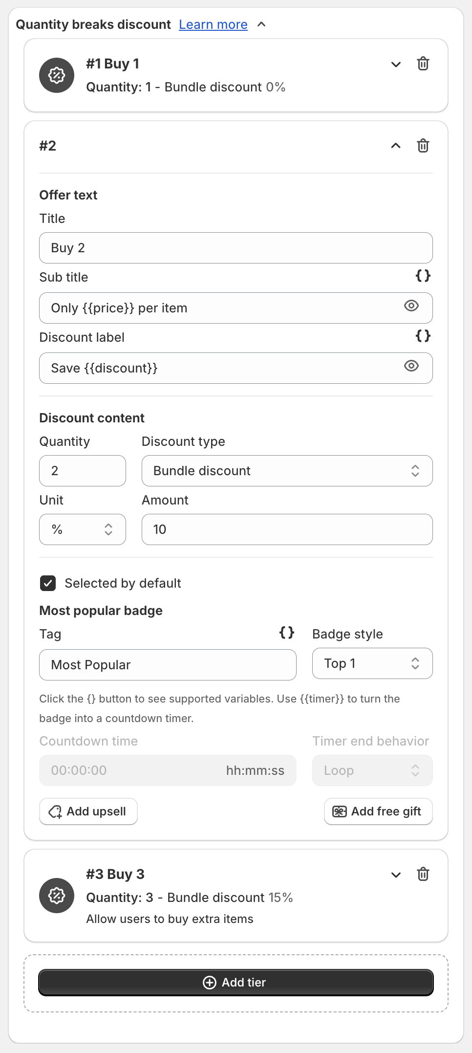 An open tier with Offer text, Discount content, Selected by default and Most popular badge settings