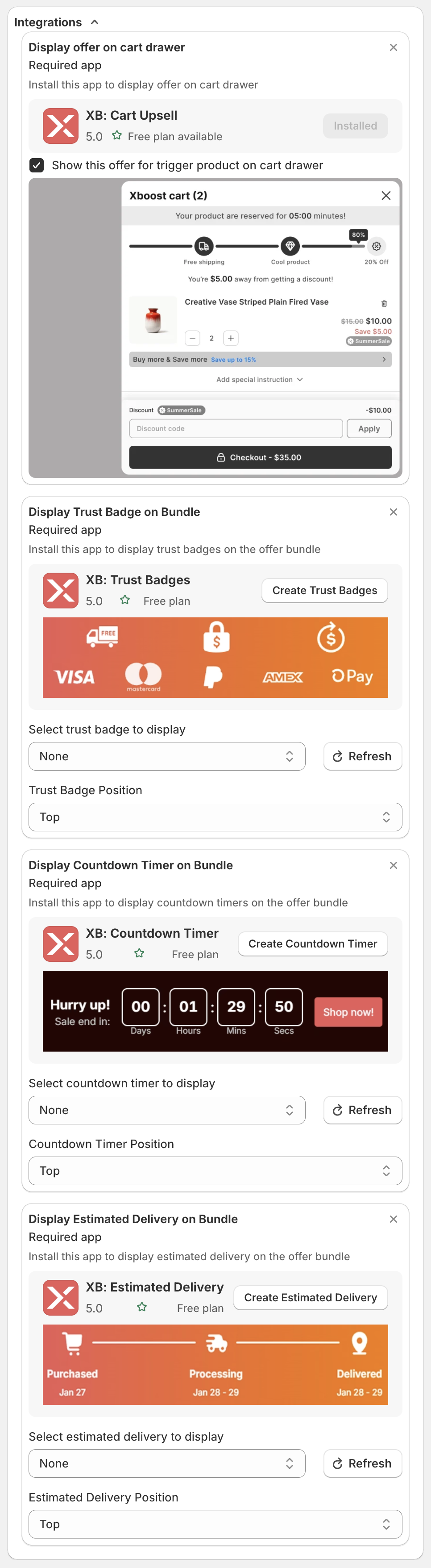 Integrations section with Display offer on cart drawer, Display Trust Badge on Bundle, Display Countdown Timer on Bundle and Display Estimated Delivery on Bundle