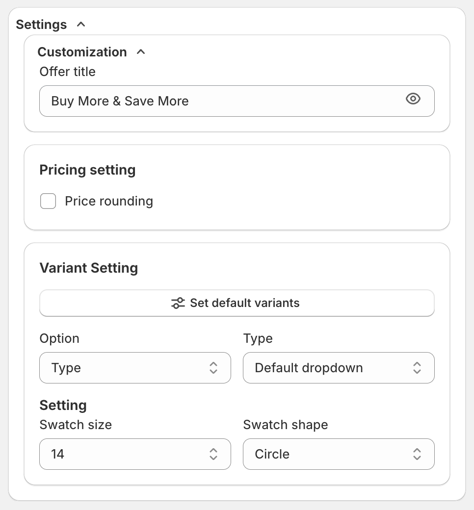 Settings section with Customization, Pricing setting and Variant Setting