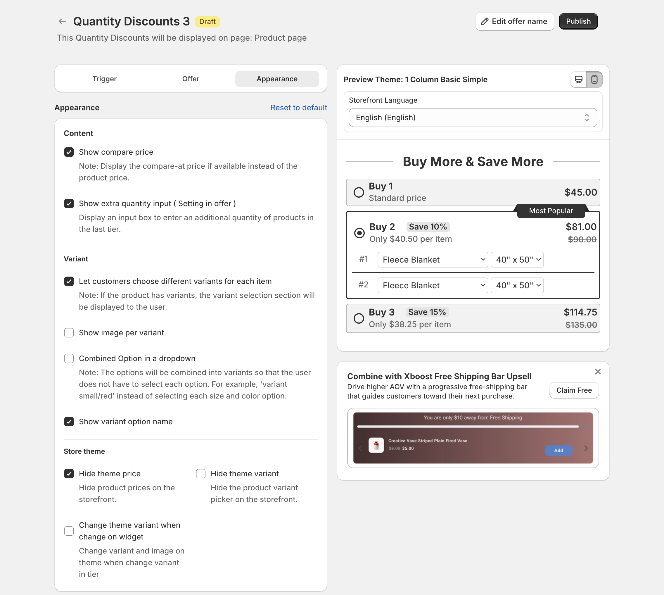 Appearance step with Content, Variant, Store theme and Design settings