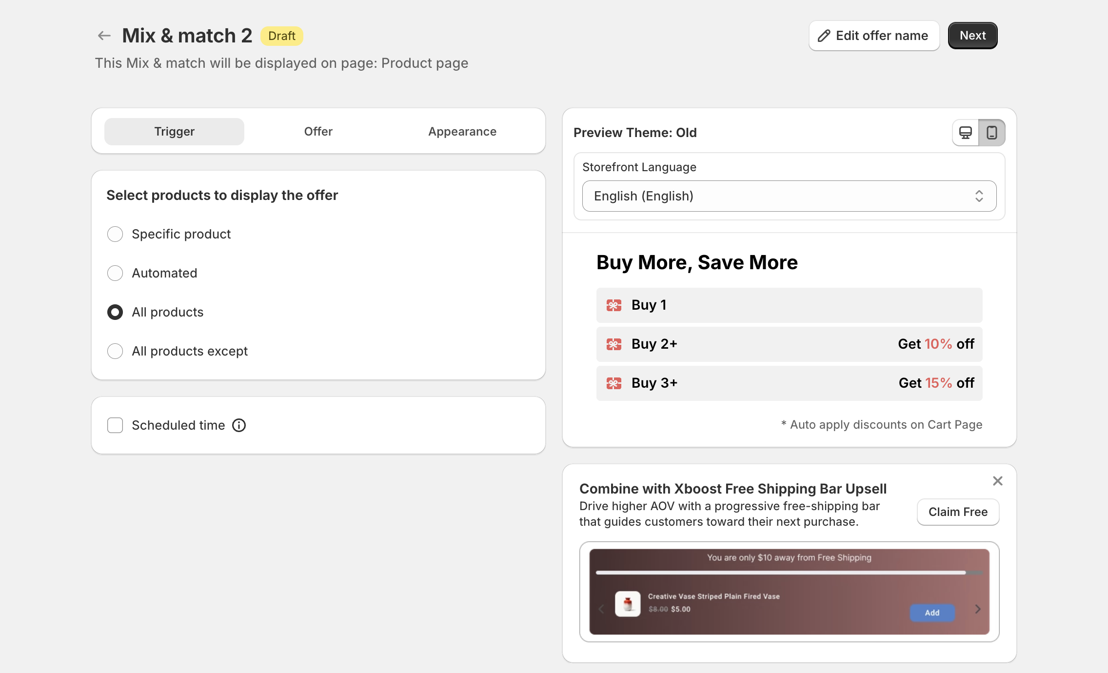 Trigger step with the product options and the live preview