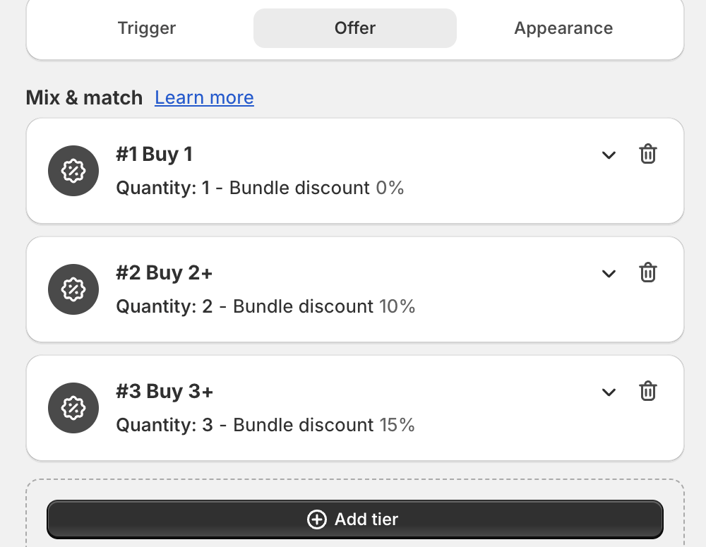 Offer step with three Mix & match tiers and Add tier