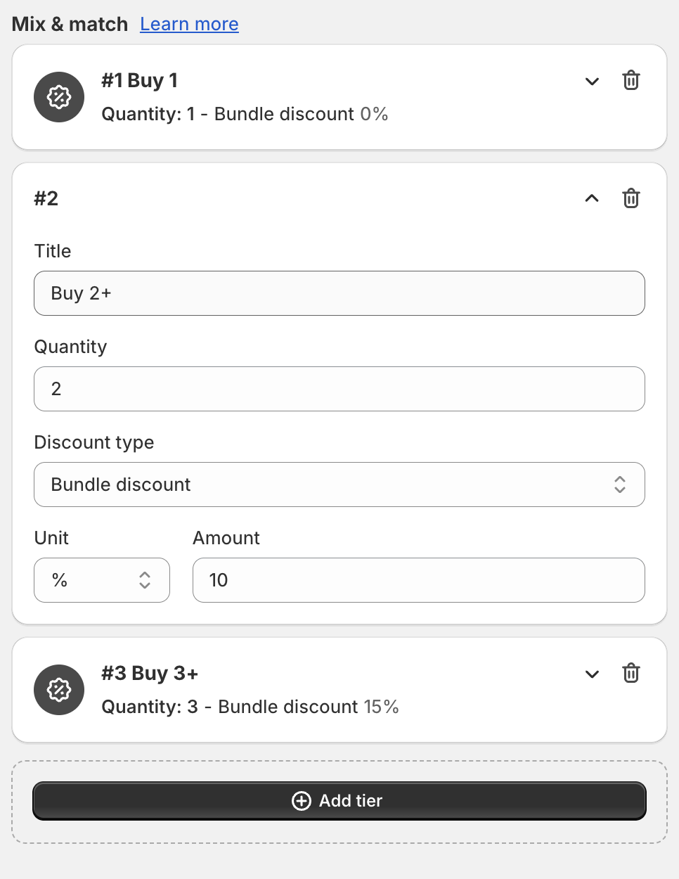 An open Mix & match tier with Title, Quantity, Discount type, Unit and Amount