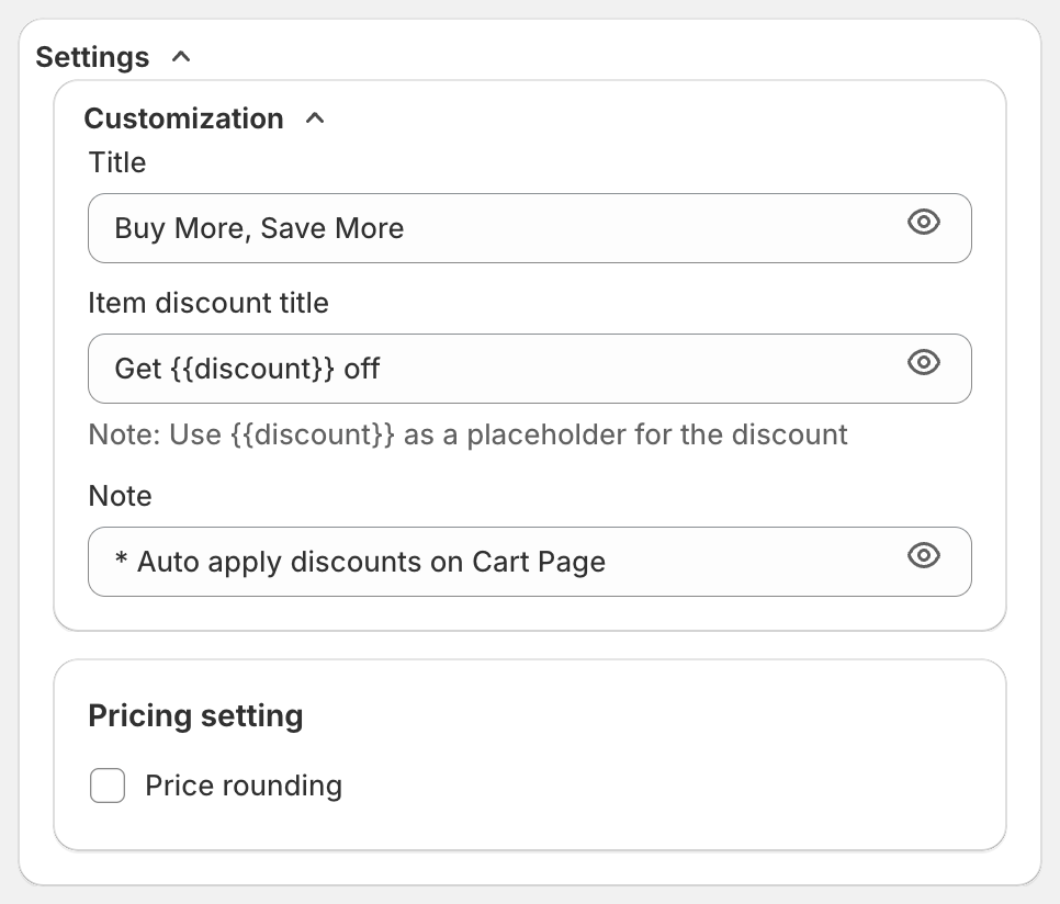 Settings section with Customization and Pricing setting