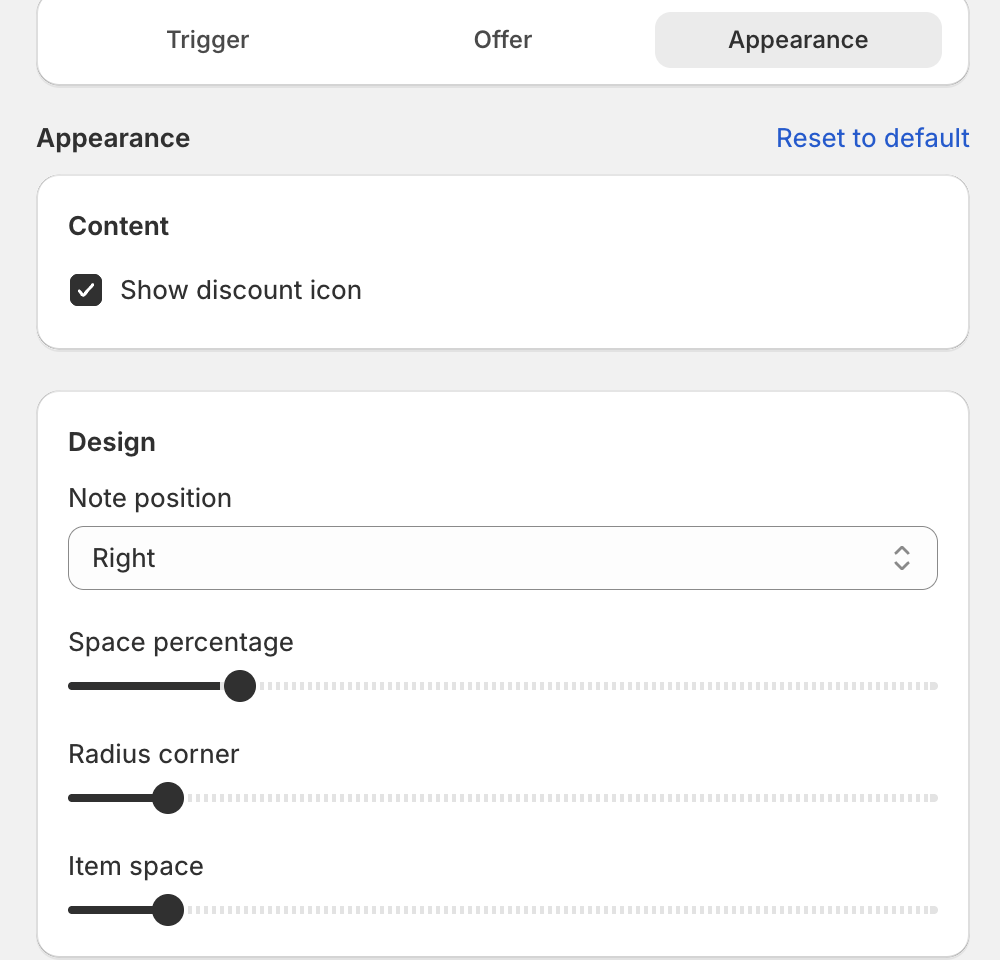 Appearance step with Content, Design, Colors, Text size and Custom CSS
