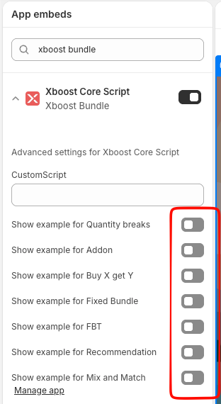 Xboost Core Script app embed with the Show example options for Quantity breaks, Addon, Buy X get Y, Fixed Bundle, FBT, Recommendation and Mix and Match turned off