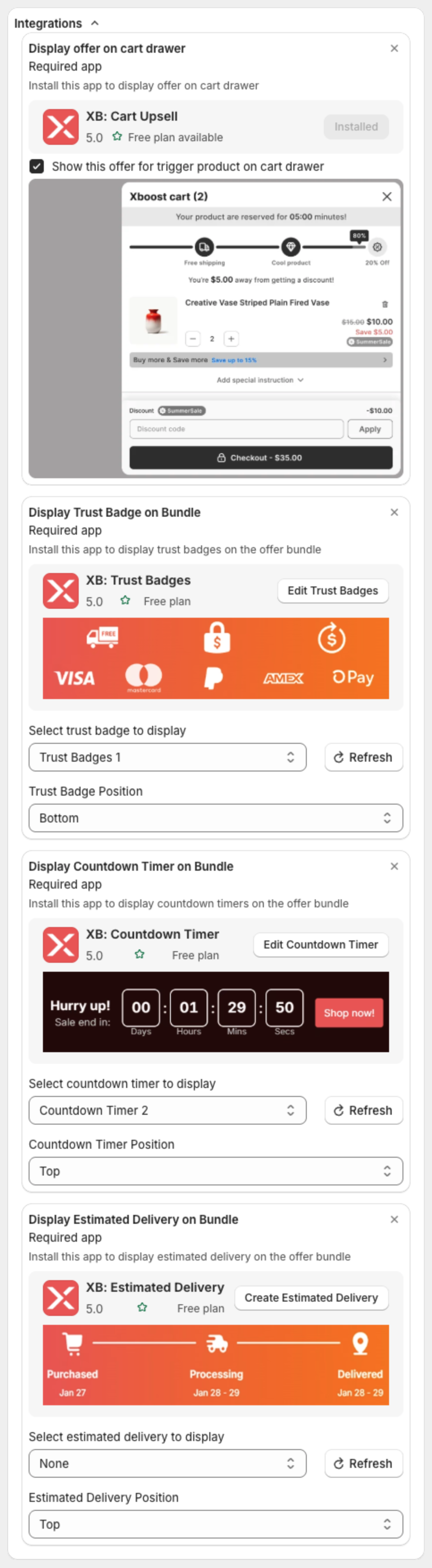 Integrations section with the cart drawer option, a trust badge set to Trust Badges 1 at Bottom and a countdown timer set to Countdown Timer 2 at Top
