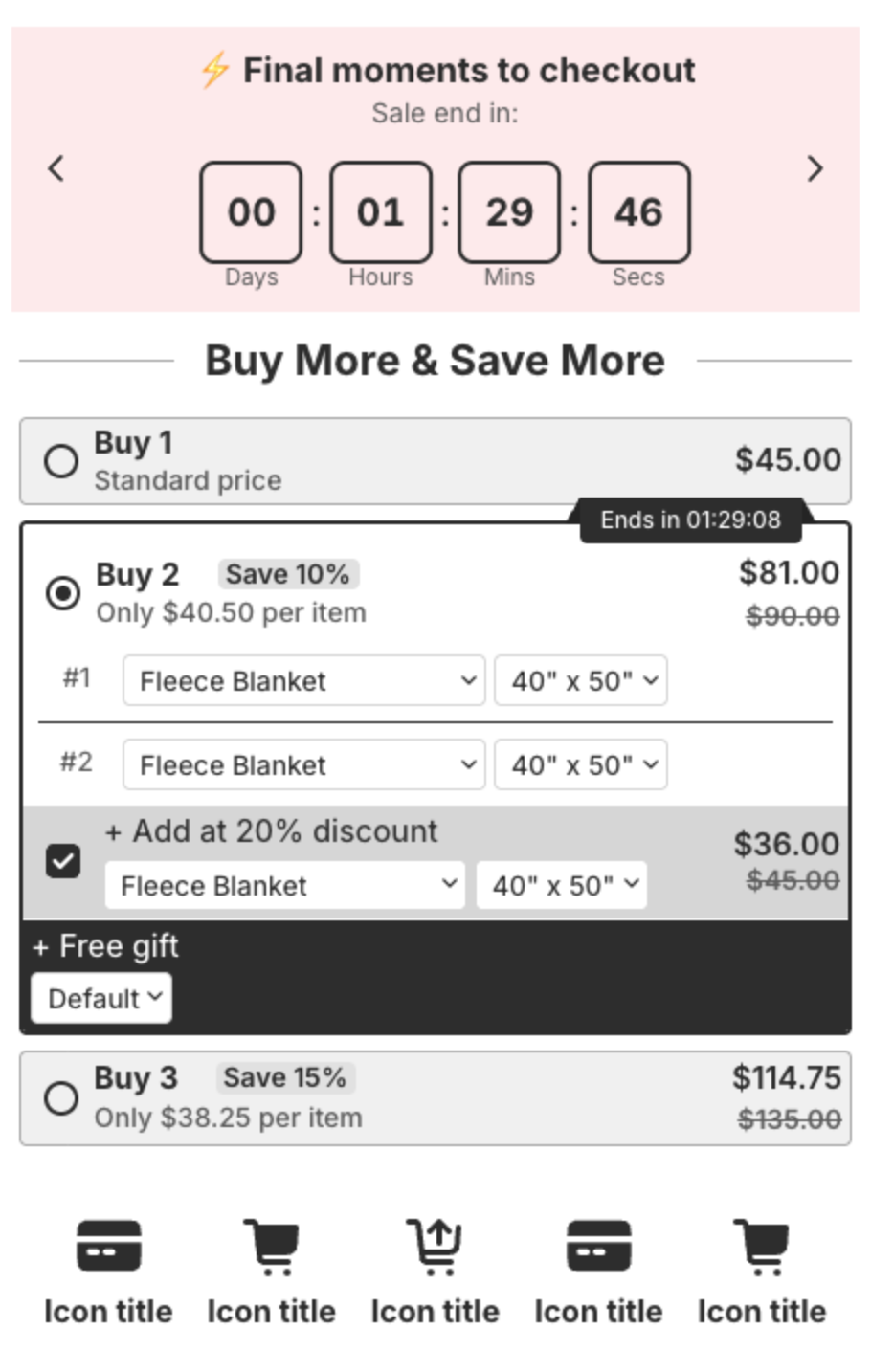 Quantity Discounts widget with a countdown timer above the tiers and trust badges below