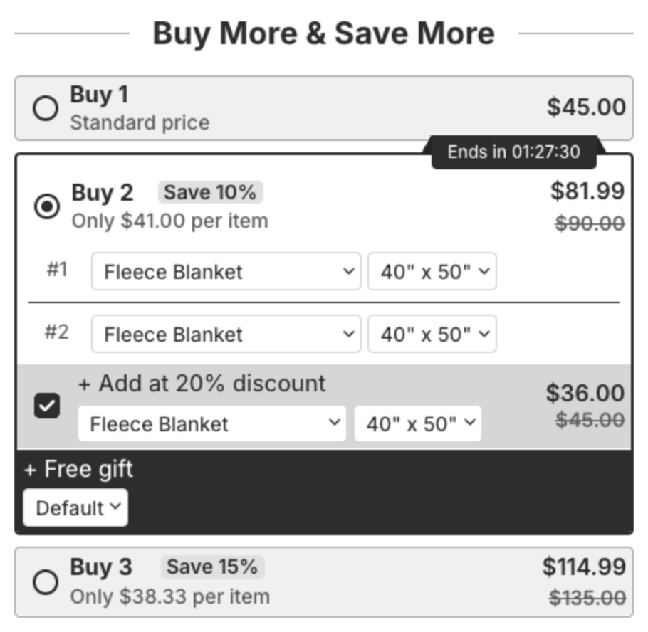 Quantity Discounts widget with rounded prices $81.99 for Buy 2 and $114.99 for Buy 3